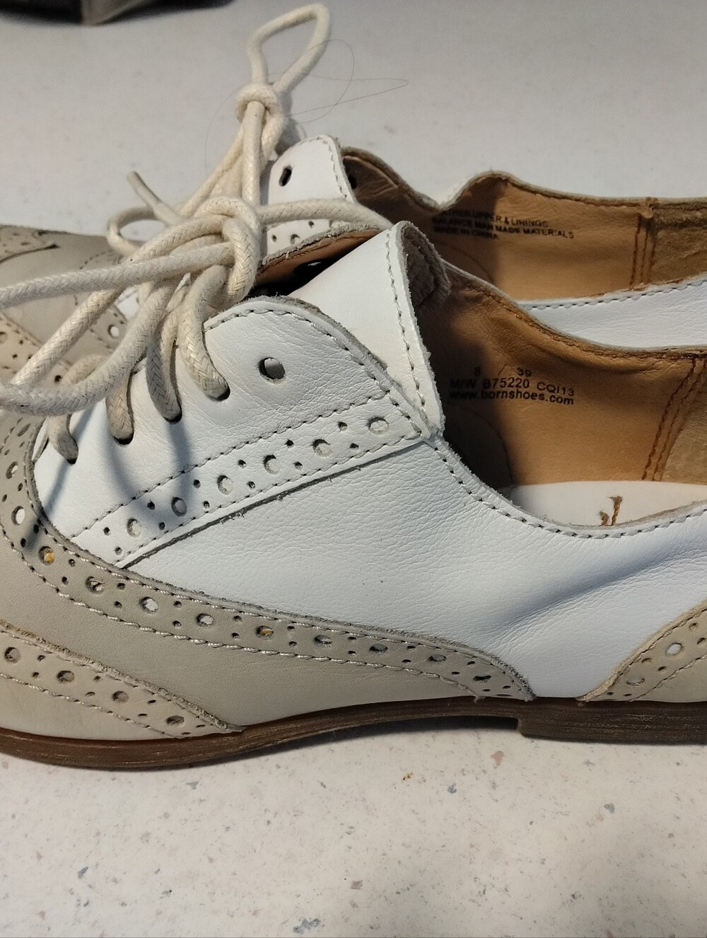 Born Ashleigh white and tan leather wingt and Light Tan Leat.